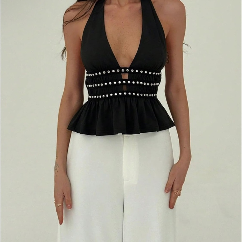 Black Halter Top with Silver Accents